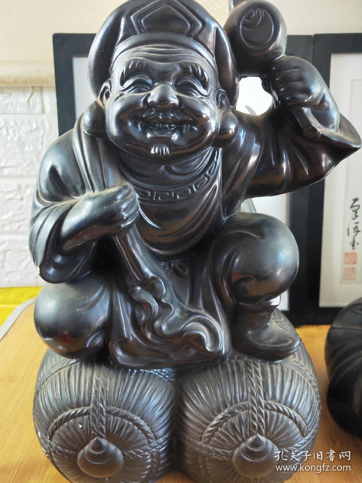 大黑天财神布袋和尚座像佛像摆件日本回流陶制,有铭印,大黑天高32cm座