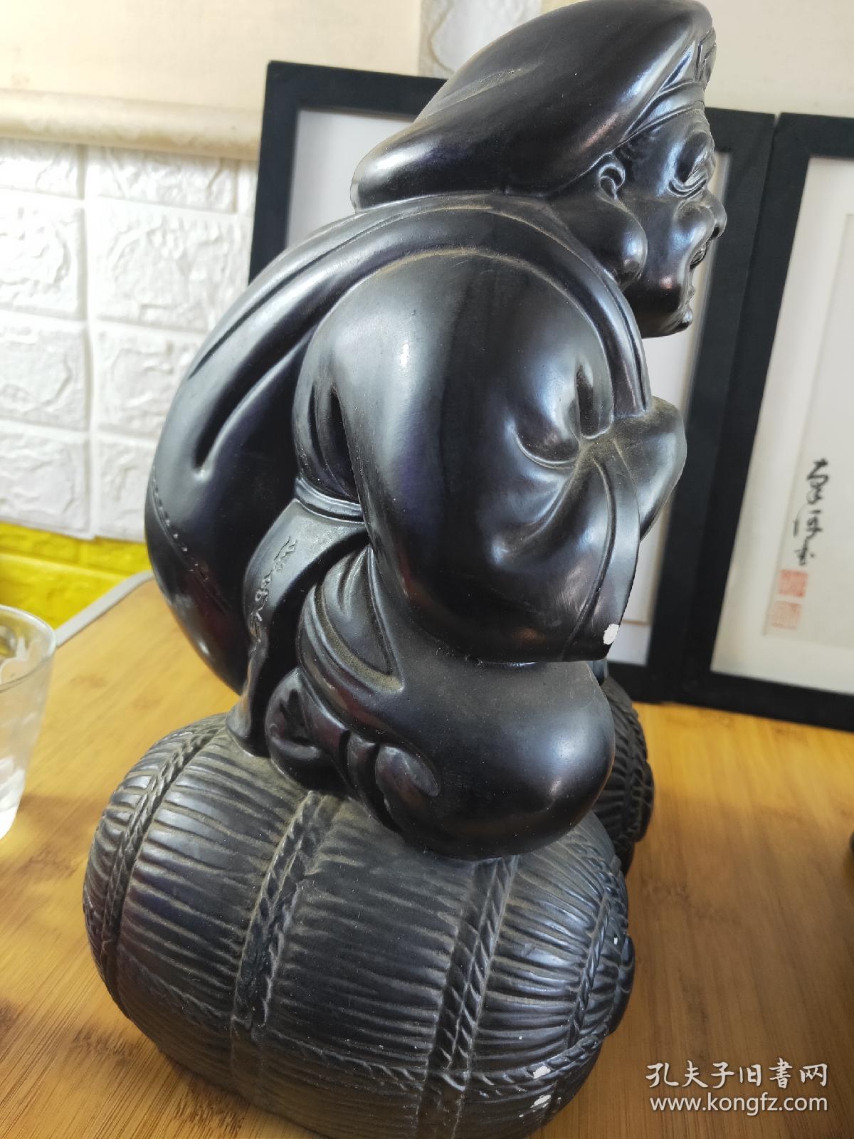 大黑天财神布袋和尚座像佛像摆件日本回流陶制,有铭印,大黑天高32cm座