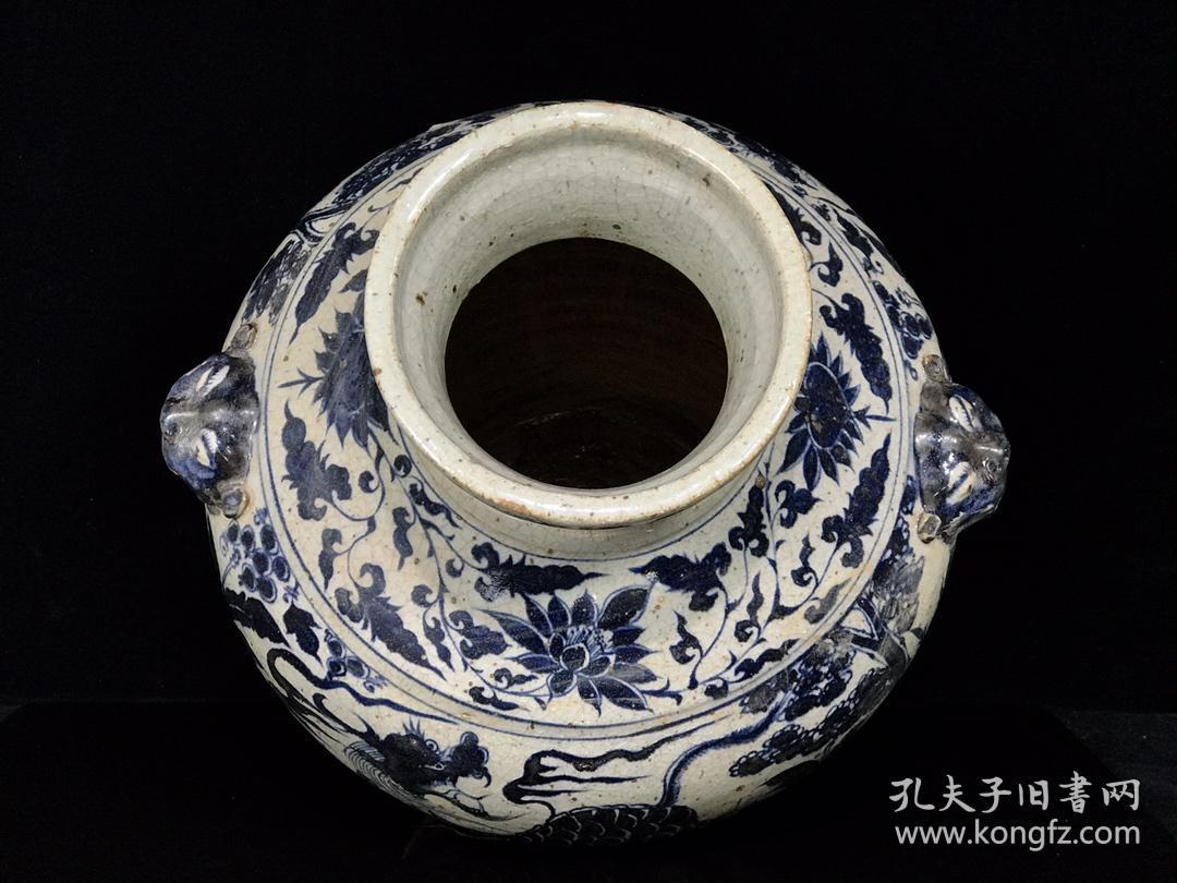 元青花瑞兽麒麟纹兽头罐