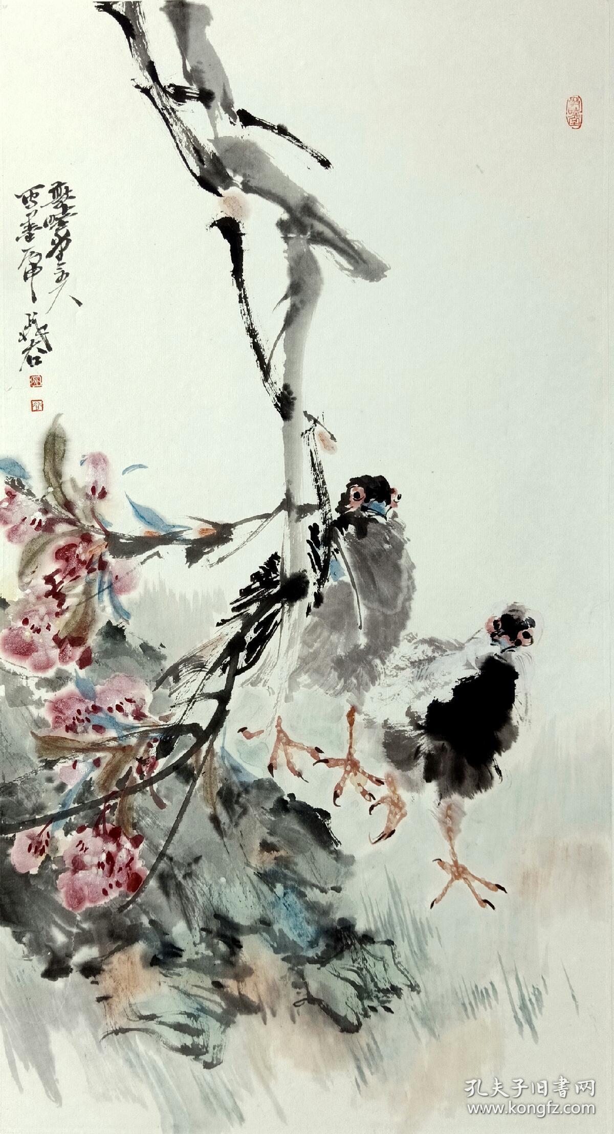 当代著名画家晁谷的花鸟作品《鸽子桃花》