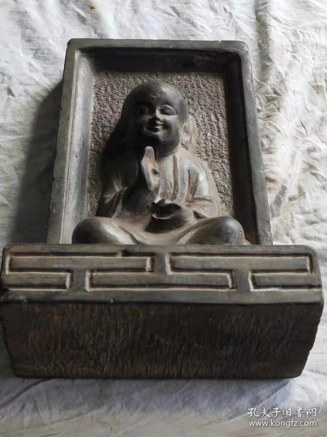 民国 青石 童子拜佛 小屏风 高浮雕 两面工 品相包浆一流 做桌面摆件