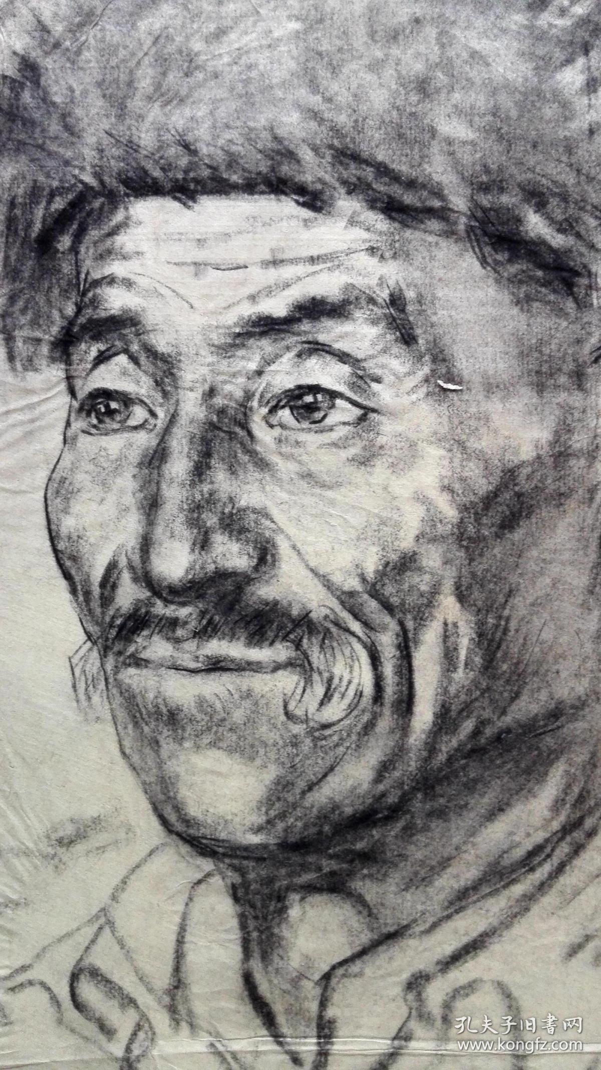 70年代左右人像素描画稿原稿《戴暖帽的老年男性肖像》