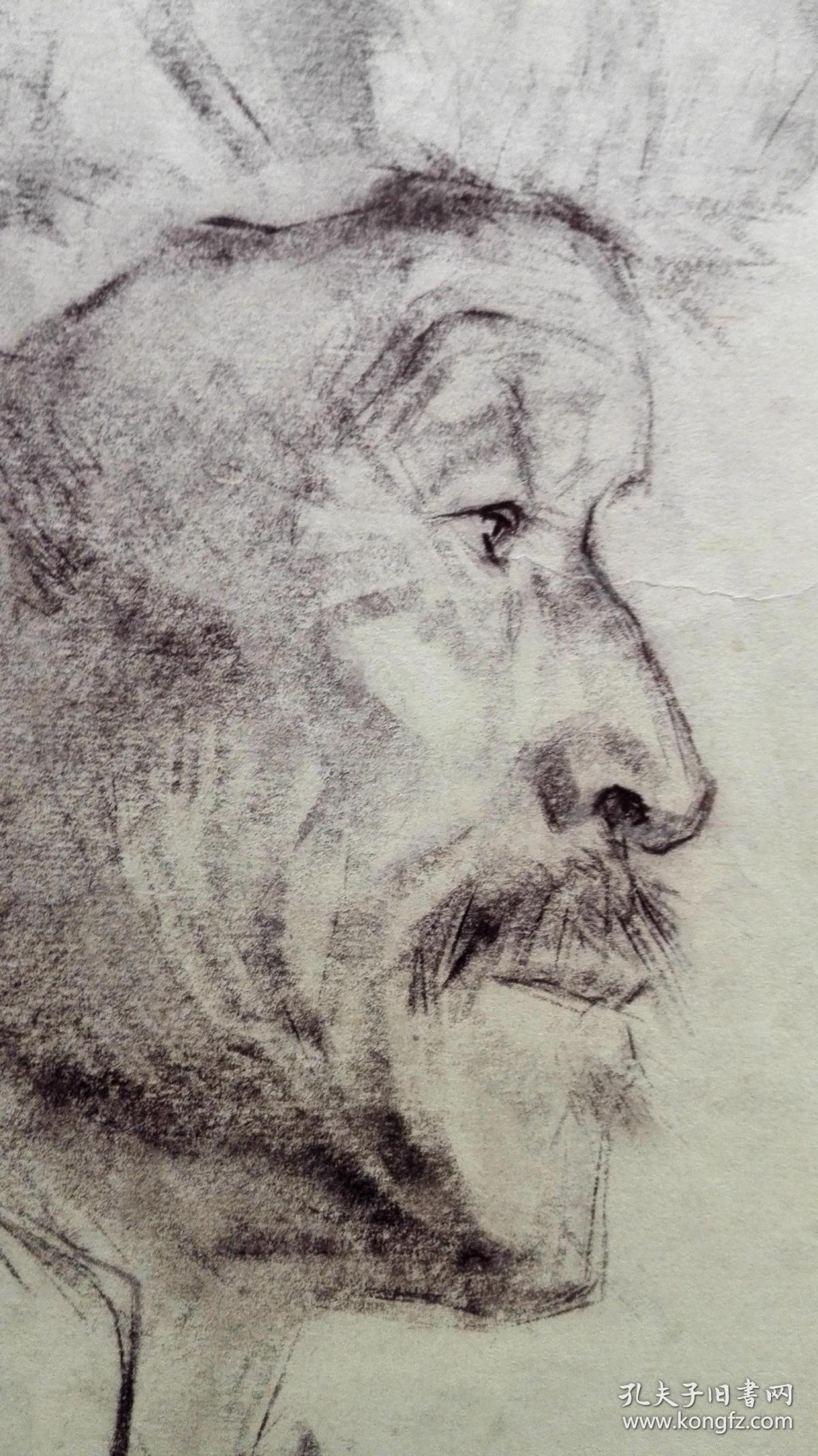 70-80年代人像素描画稿原稿《戴暖帽的老年男性肖像侧