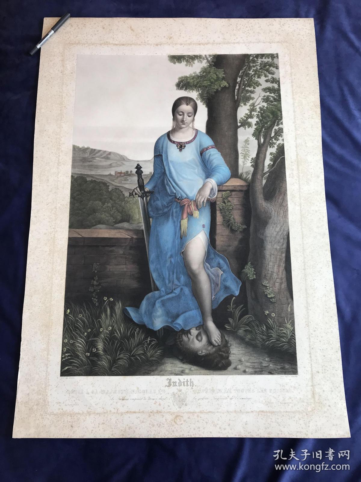 19世纪巨幅手工上色美柔汀铜版画《朱迪斯》—文艺复兴时期威尼斯画派