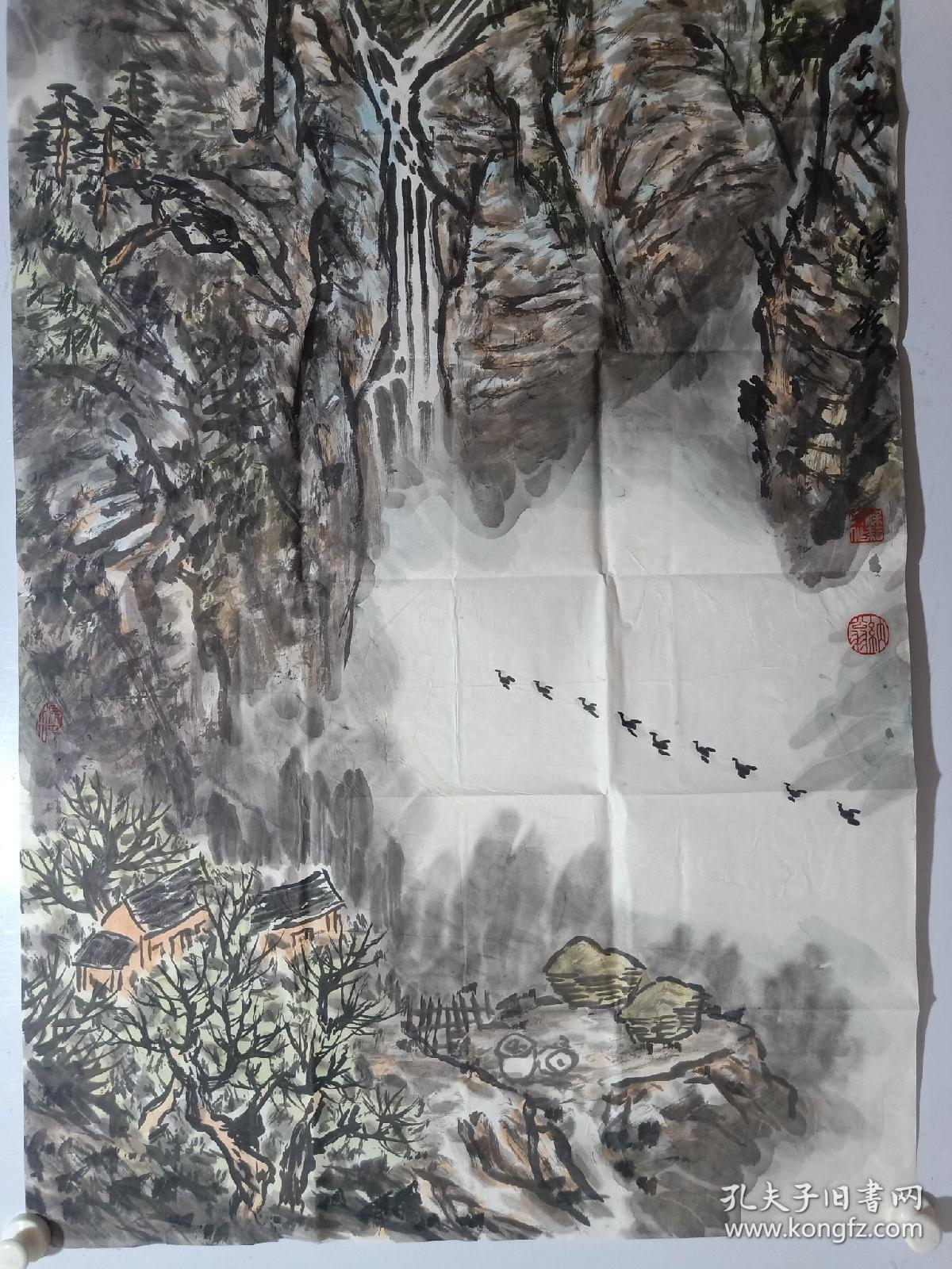 保真书画,陕西著名画家,梁耘四尺整纸山水画136.5×68.5cm一幅