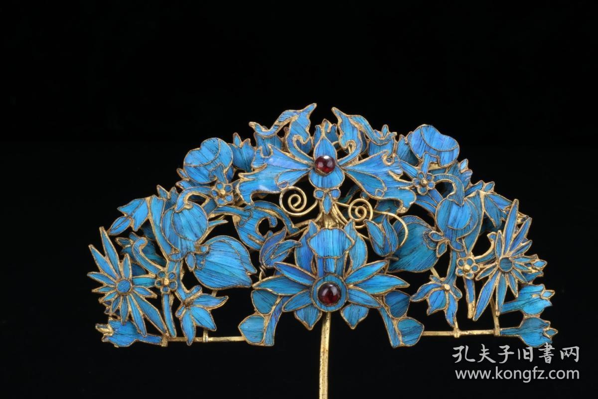 清代 银镀金点翠花卉发簪