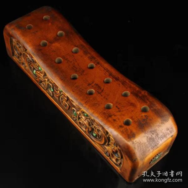 古董收藏珍藏老黄杨木木头镶嵌枕头盒宝石木器n