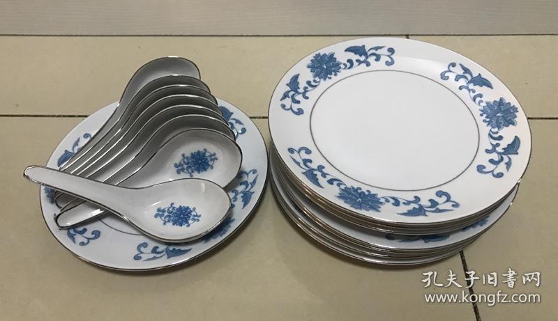 八十年代唐山老瓷器白玉瓷厂贴花描银边老餐具36头瓷盘瓷碗一套