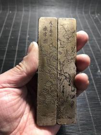 清代传世云啸堂陈季(陈半丁)喜鹊登梅铜镇尺一对,纹饰精美,包浆熟美