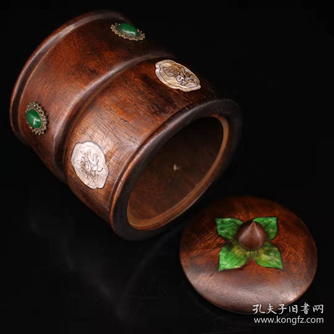 古董收藏珍藏老纯手工雕刻木头镶嵌宝石福禄寿喜贝壳茶叶罐n