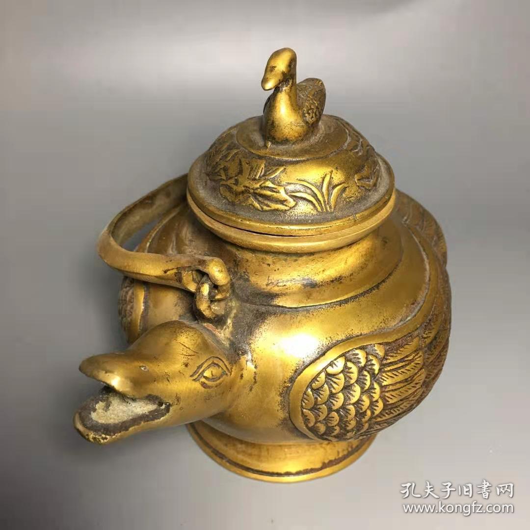 仿古纯铜鸭子茶壶水壶收藏铜器摆件古董古玩收藏