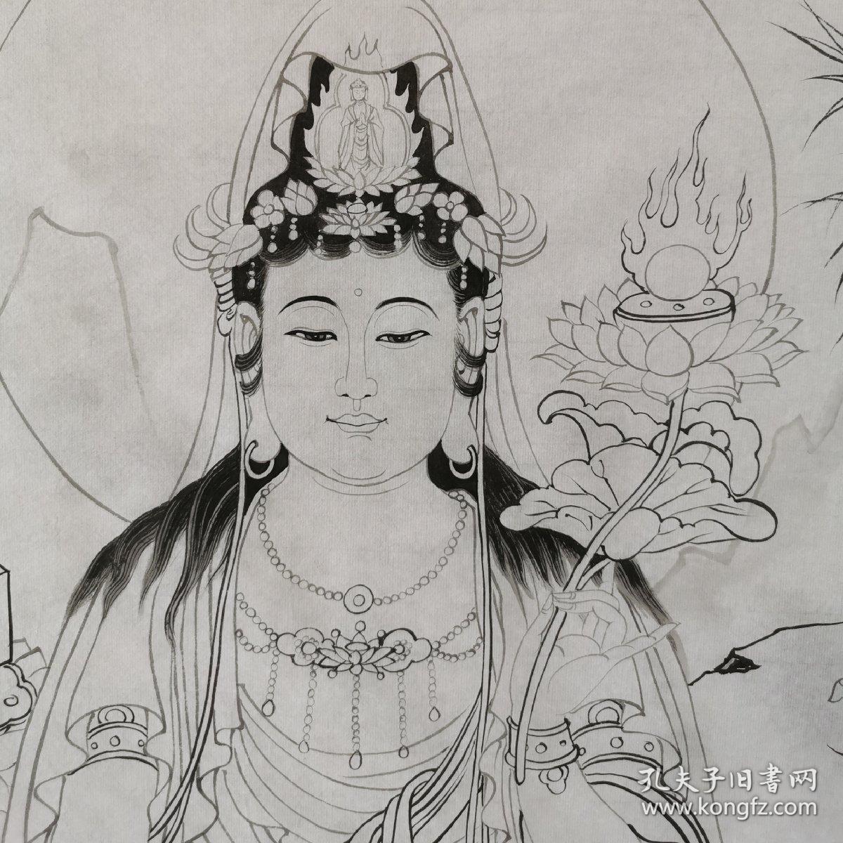 观世音菩萨宝像真迹(国画熟宣纸工笔线描纯手绘)请供