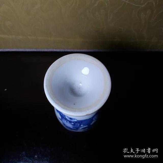 文革人民瓷厂老厂货梧桐楼亭山水图青花高足老瓷杯摆件杯影视场景道具