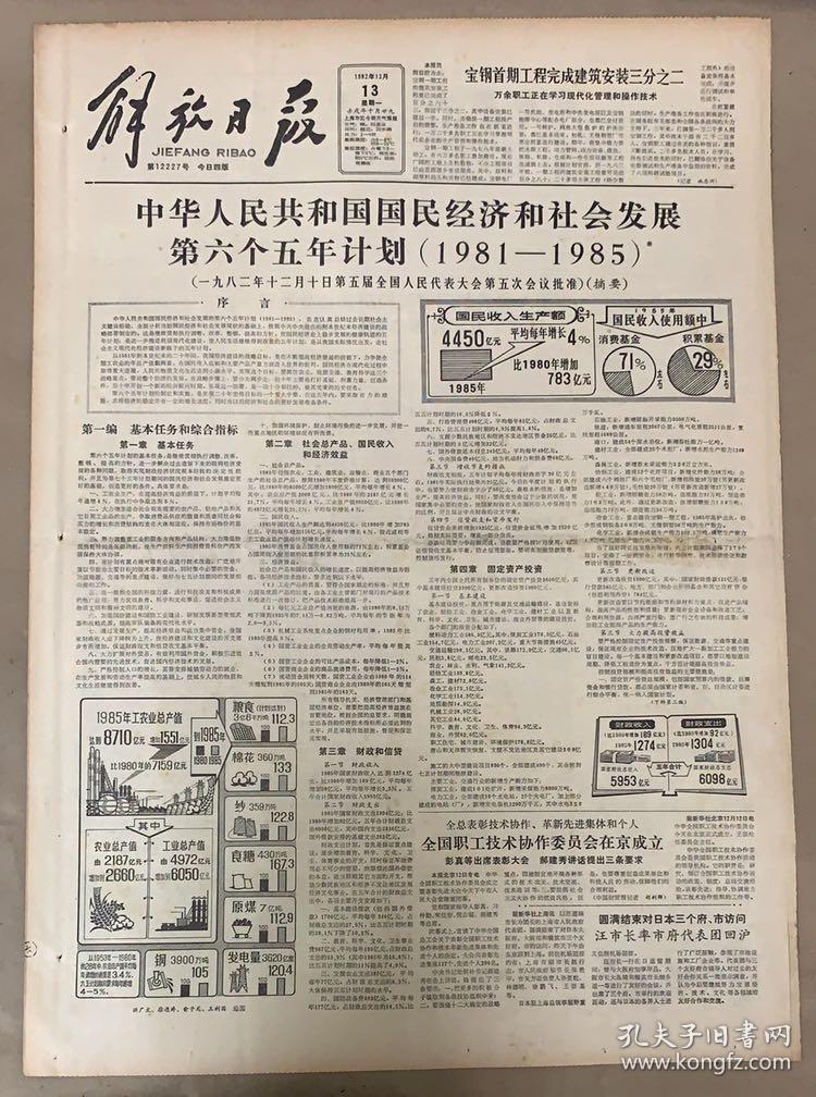 解放日报1982年12月13日《中华人民共和国国民经济和社会发展第六个