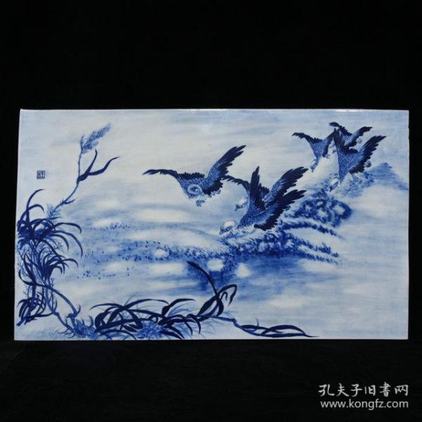 特价秒杀古瓷器 民国王步青花芦雁瓷板画