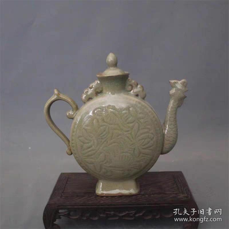 耀州窑青瓷牡丹凤鸣扁壶酒壶