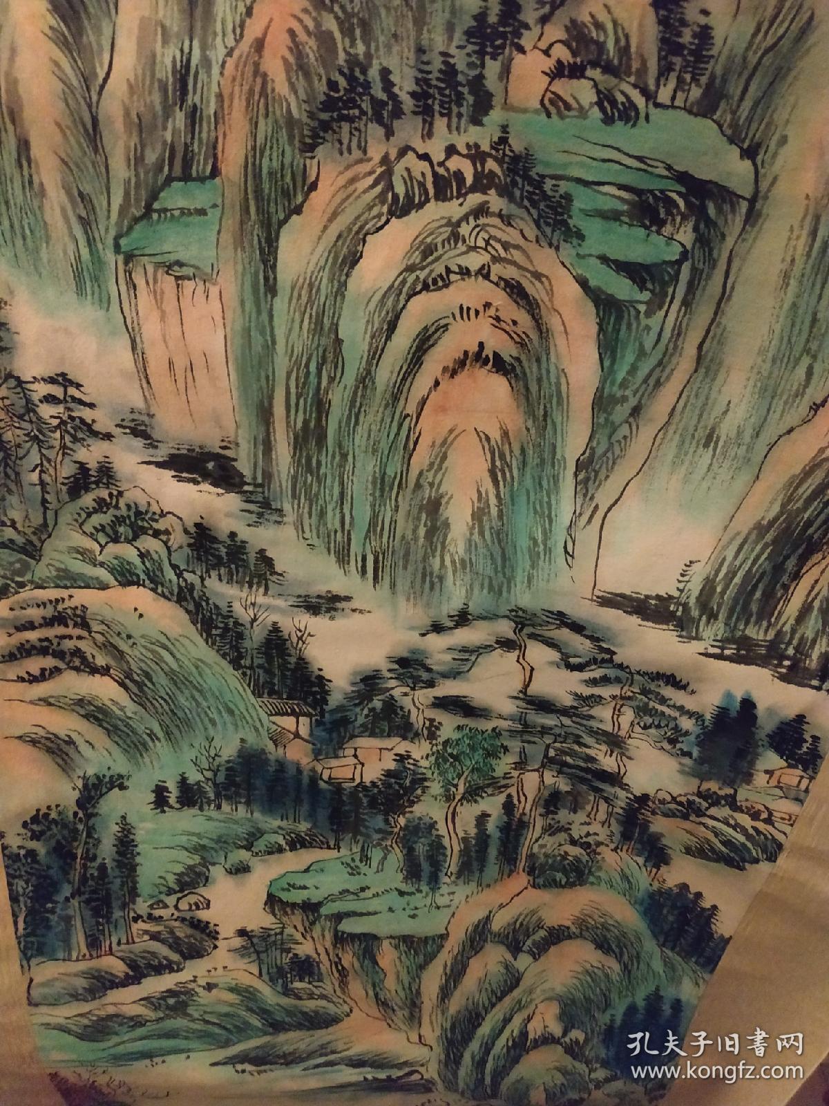 今日收购,冯超然款青绿山水画一轴,天竿坏了,似乎差设色未完成画稿,图