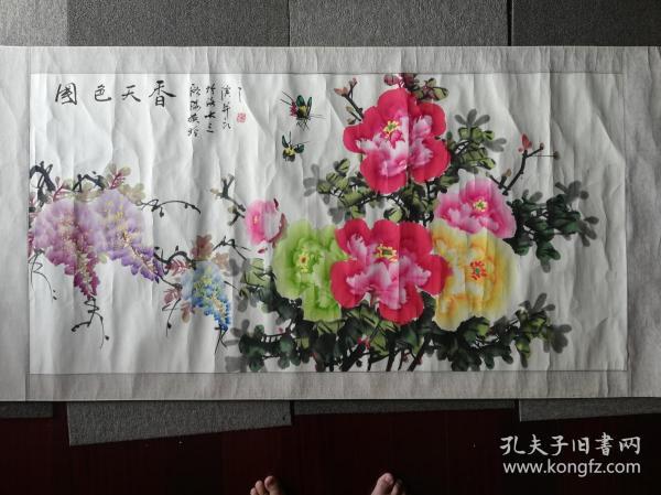 洛阳著名牡丹画家宫换玲的牡丹画,136cm*68cm