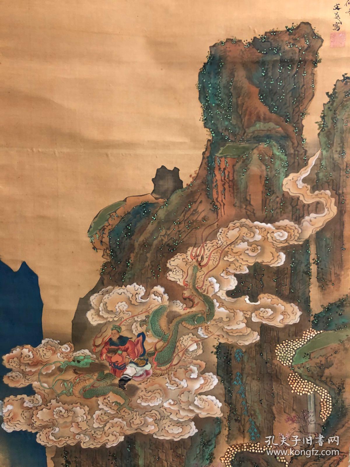 朋友寄卖,重器,低价售卖仅年前,日本古画青绿山水图,绢本绫裱木质轴头