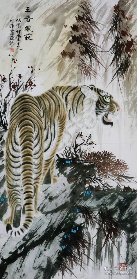 冯大中工笔虎名家国画上山虎纯手绘