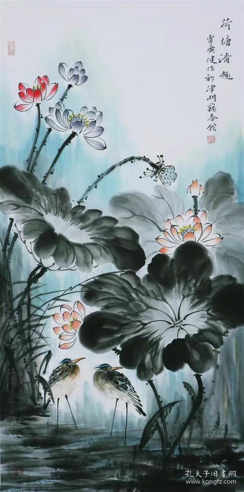 名家贾广健写意花鸟国画荷花鹭鸟纯手绘