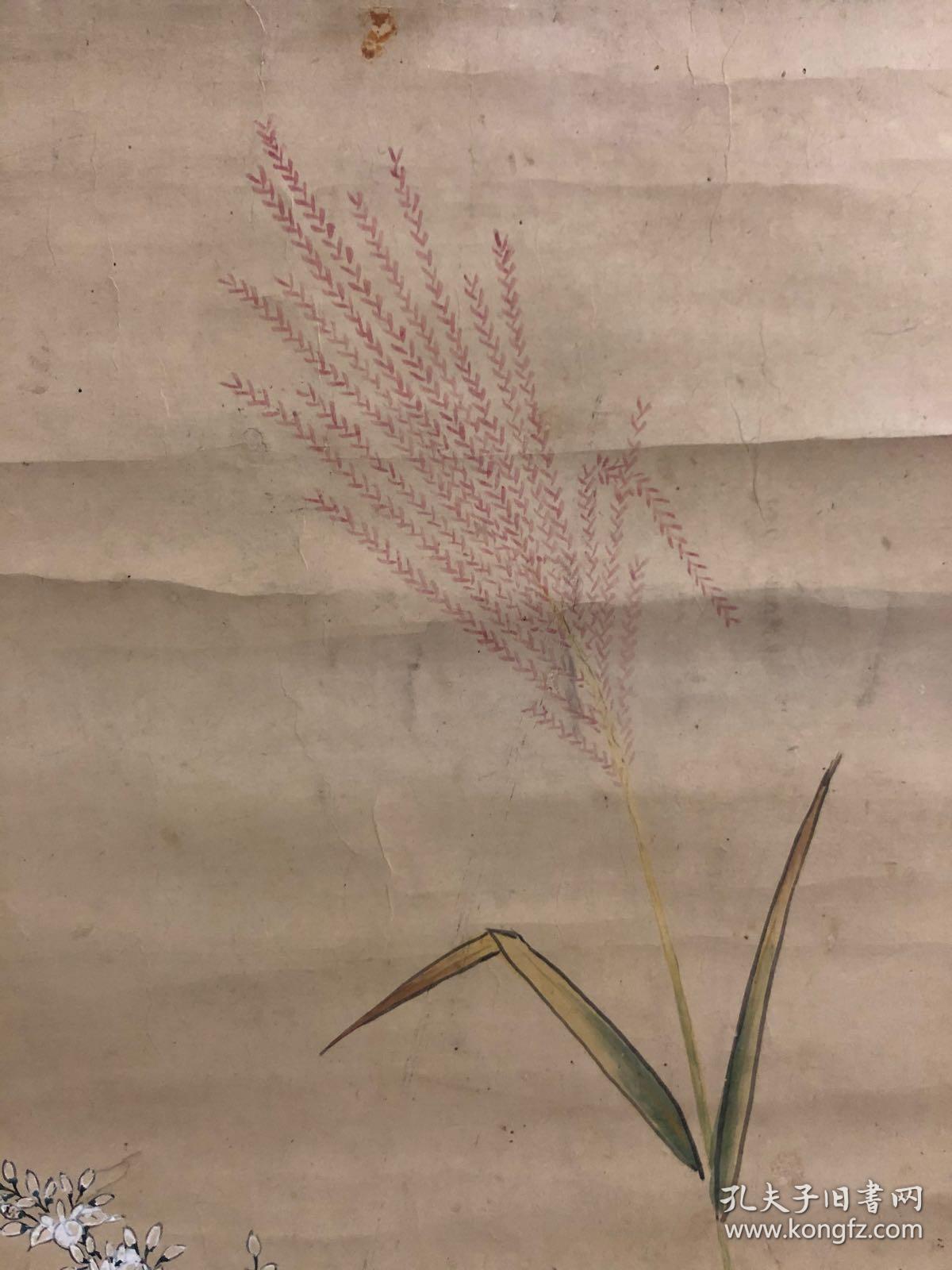 日本回流,江户时代画家住吉广守古画秋草图,纸本老绫裱,木质工艺轴头