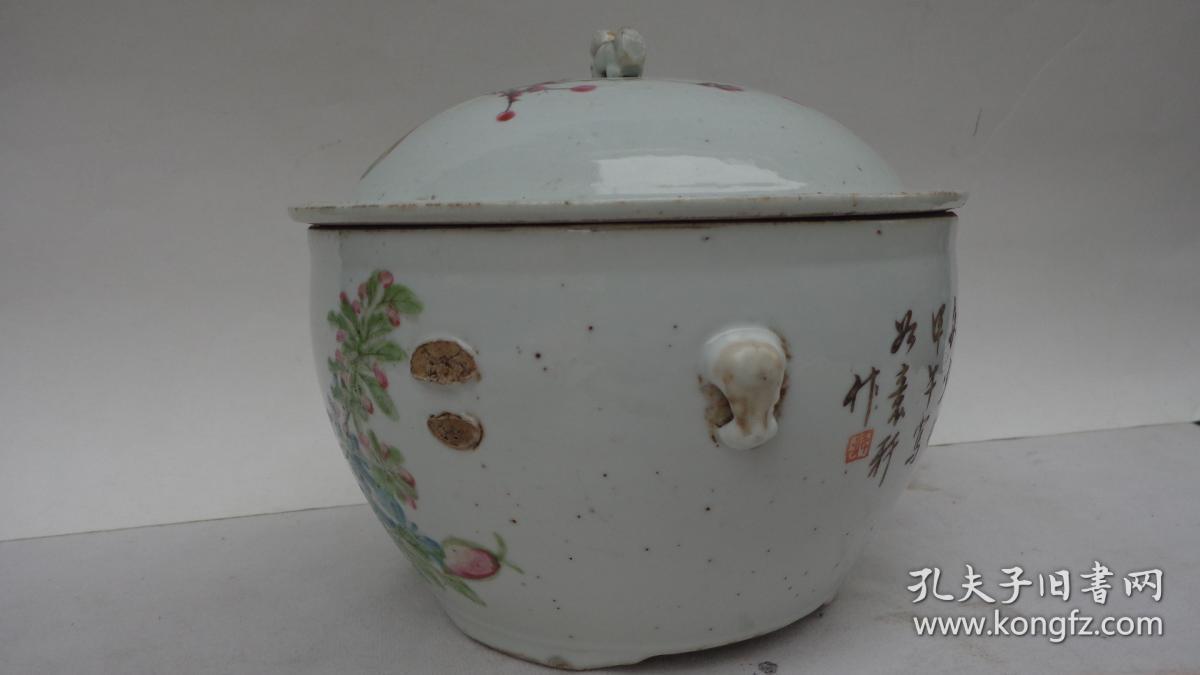 光绪浅绛彩如意轩作富贵白头花鸟粥罐