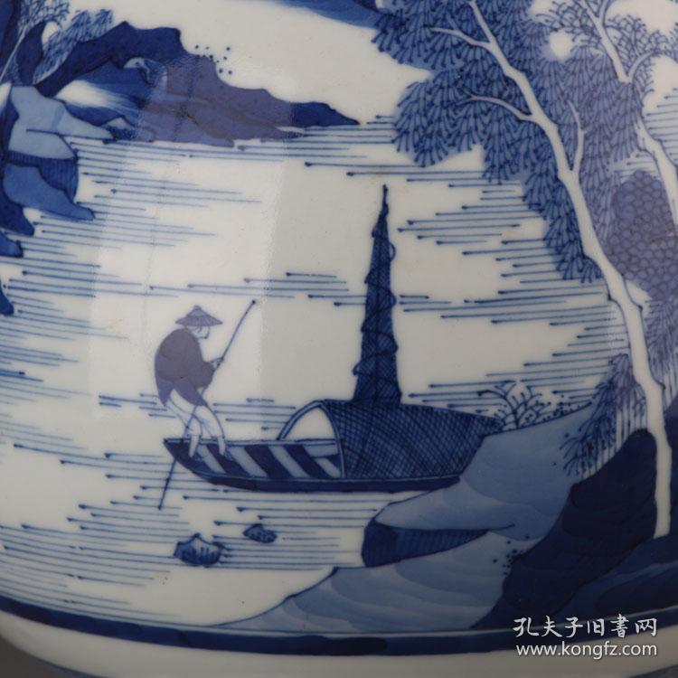 清代康熙青花山水垂钓纹琵琶尊棒槌瓶