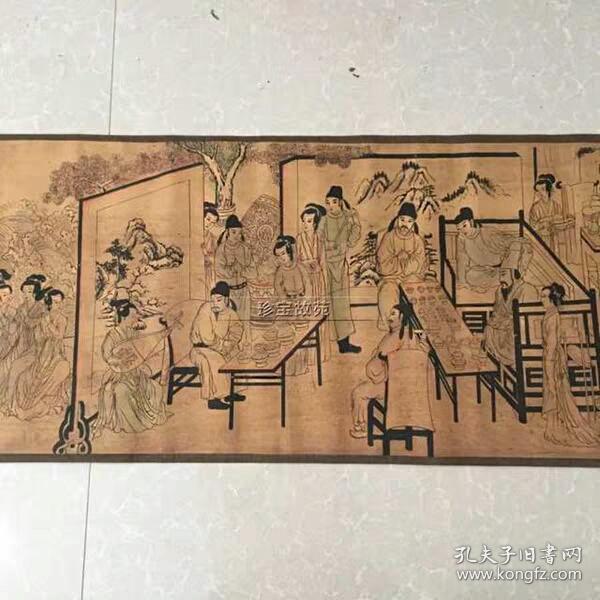 仿古画长卷国画人物丝绢客厅装饰做旧挂画山水夜宴图卷轴画大号
