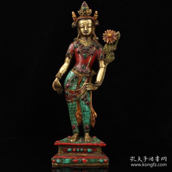 年终清仓 尼泊尔寺院收老铜镶嵌宝石彩绘描金藏传密宗站度母一尊 重