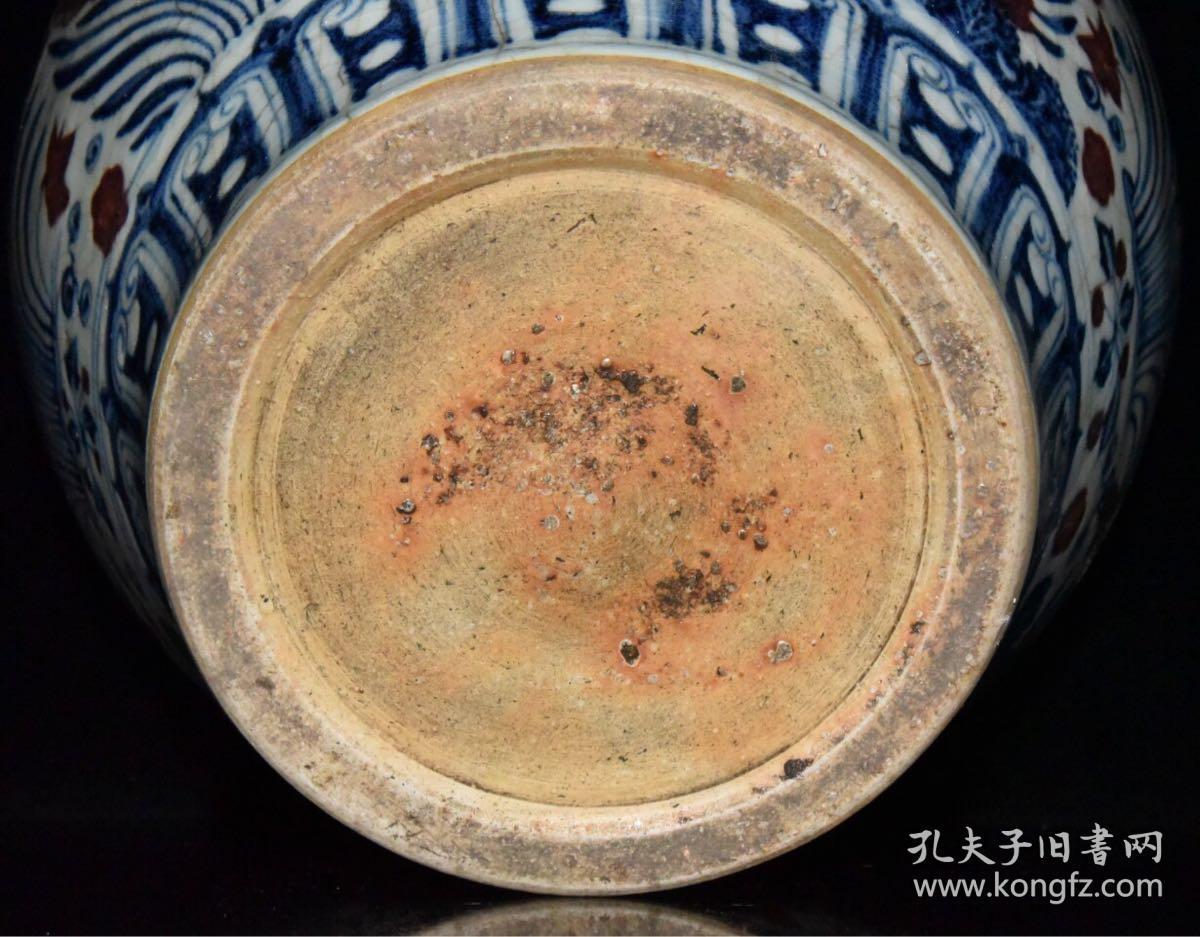 明代宣德青花釉里红开片鱼藻纹罐【33x32cm】