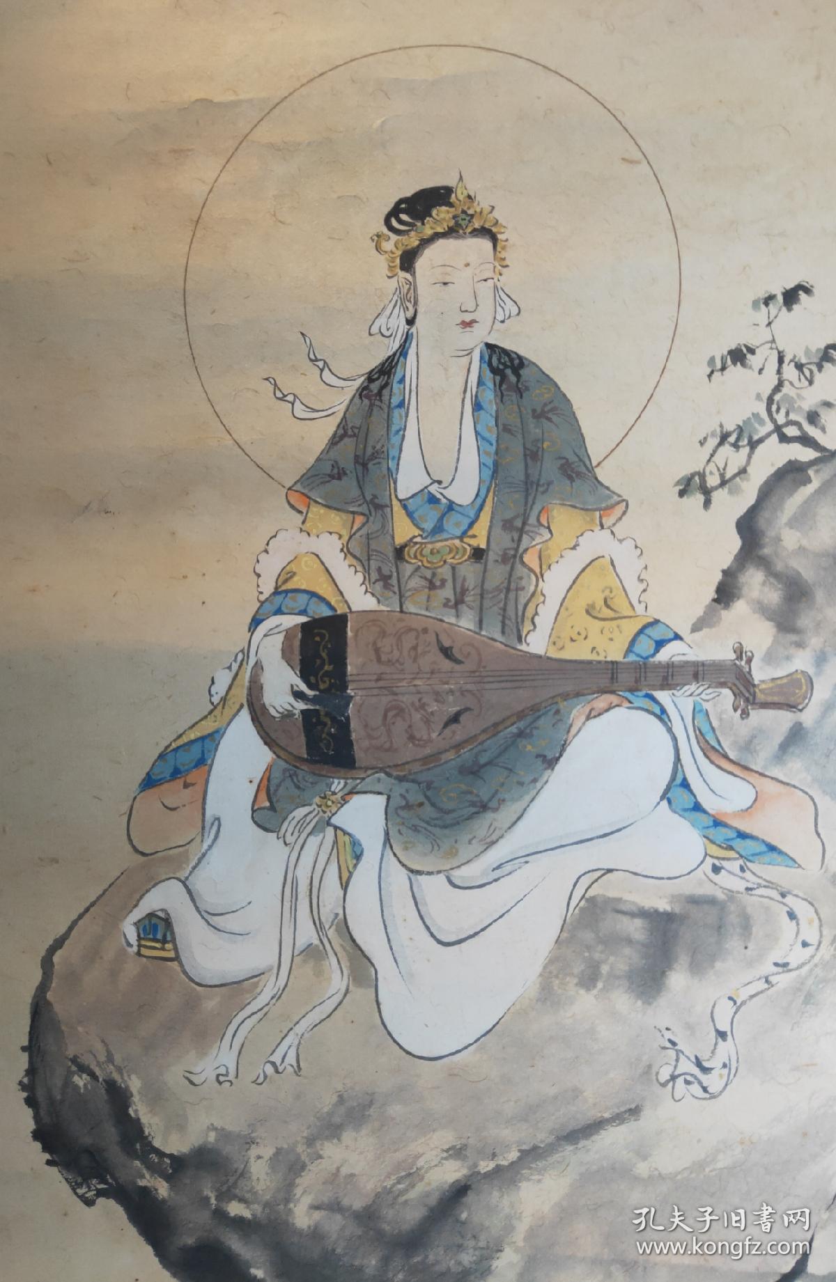 弁才天辩才天妙音天挂轴纸本,纯手绘150cmx45cm,昭和十六年,乐天铭,岩