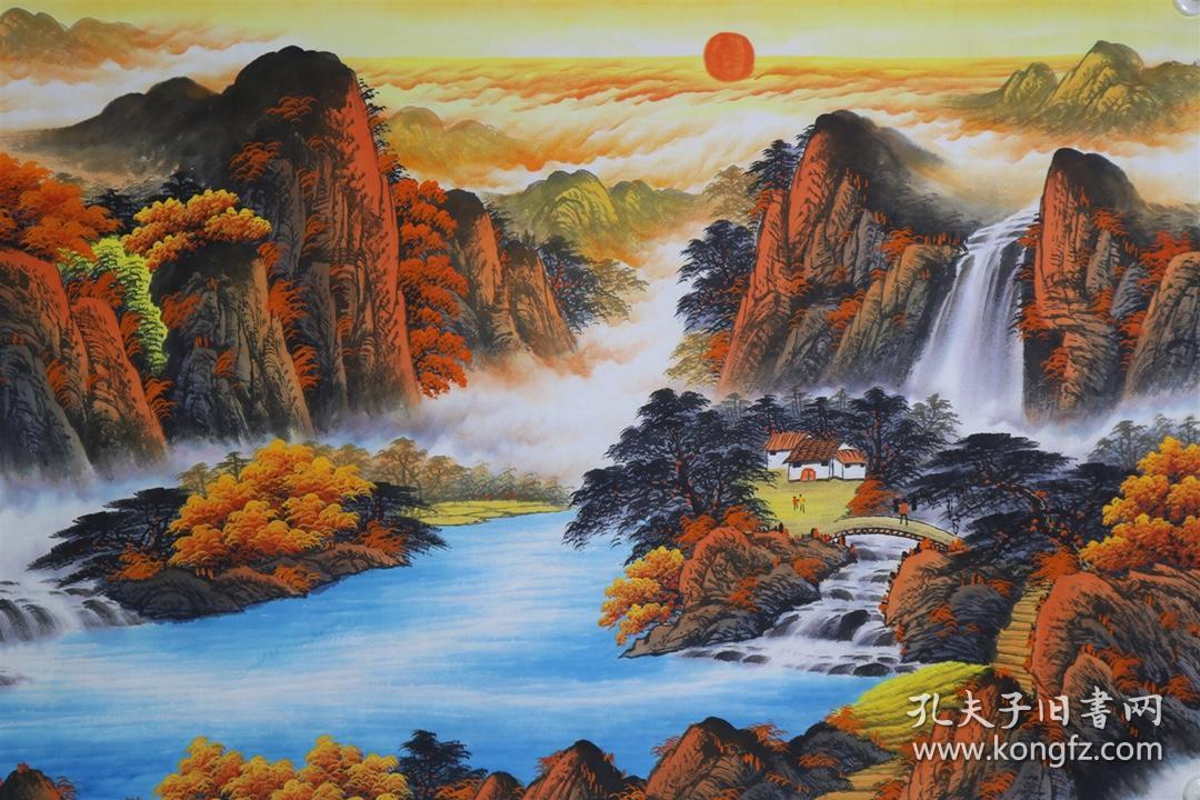 一轮红日映山红,八方聚财水长流鸿运当头财源广,四通八达天地中