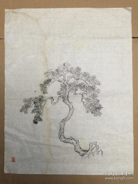 宣纸,纯手绘墨迹,古树图.有水渍,详见图.
