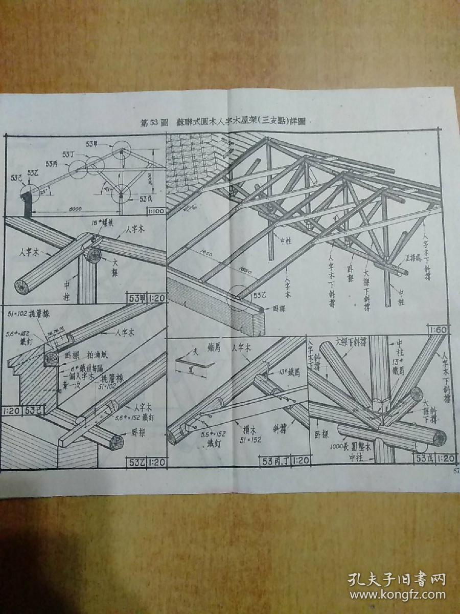 屋架(包括中国旧式五架及苏联人字木屋架在内)等各木工程建筑的结构
