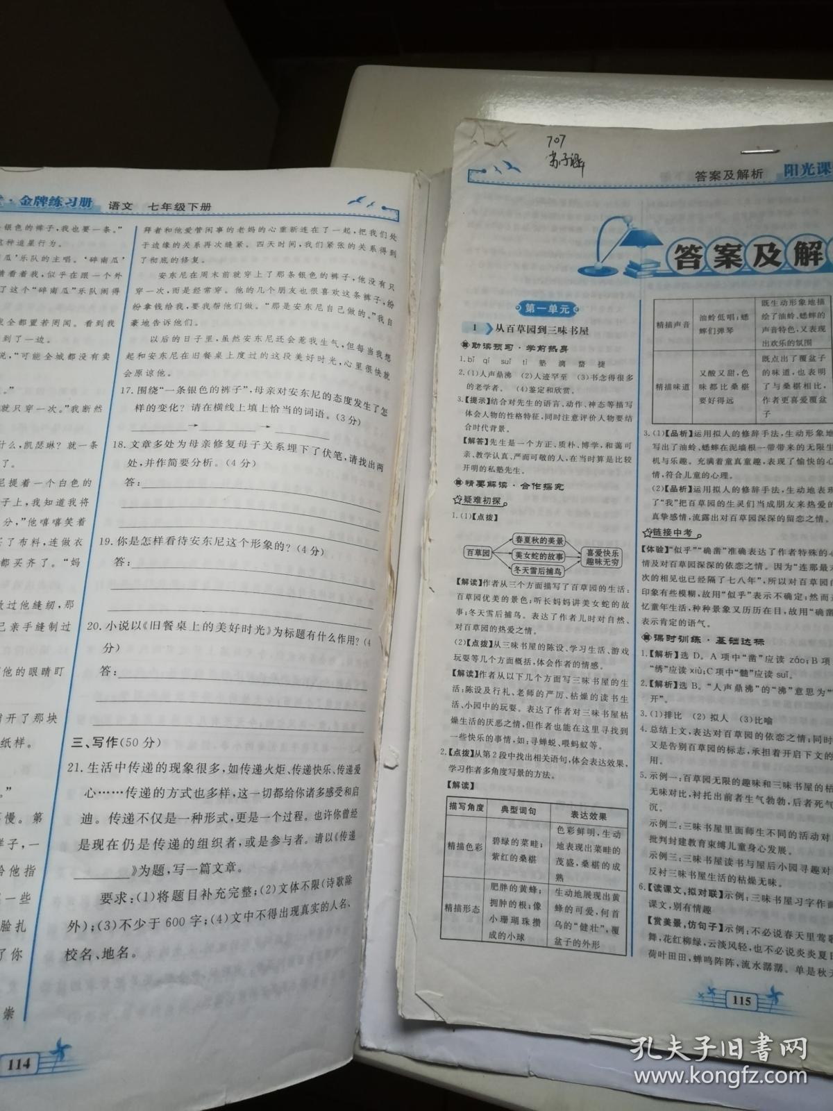 阳光课堂 金牌练习册 语文 七年级下册