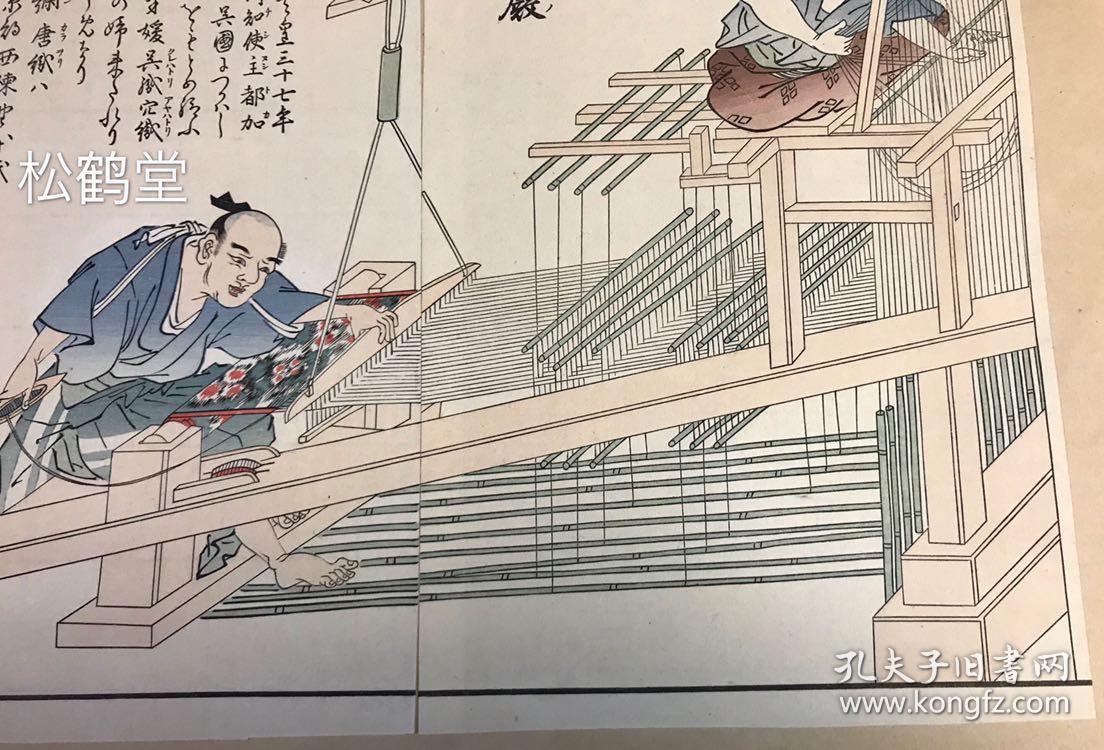 套色印刷,线条流畅,色泽优雅,版面精美,反映了日本古代男性织工纺织之