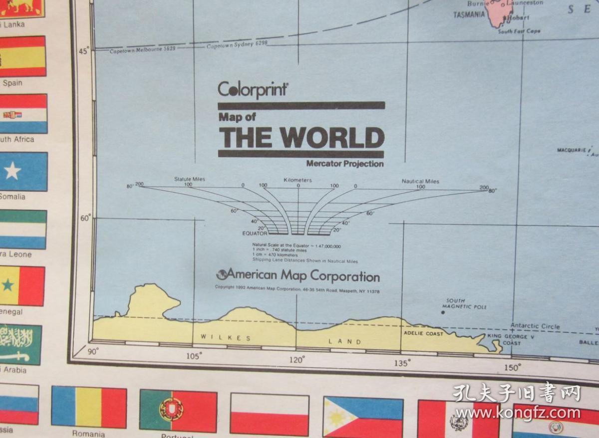 1992年美国原版地图mapoftheworldmercatorprojection世界地图墨卡托