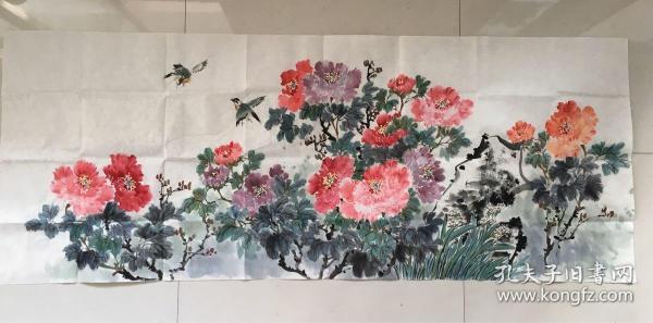 农民画家手绘牡丹【一】画芯尺寸:宽度68厘米,长度180厘米*画芯*包
