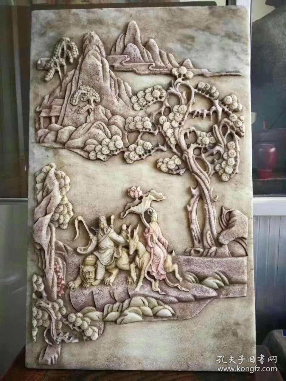 明代汉白玉石板画,通体高浮雕,彩绘