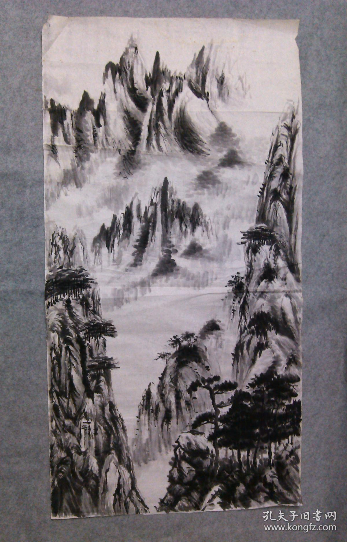 国画水墨山水画 老旧无款山水画 四尺整纸画心软片 原稿手绘真迹