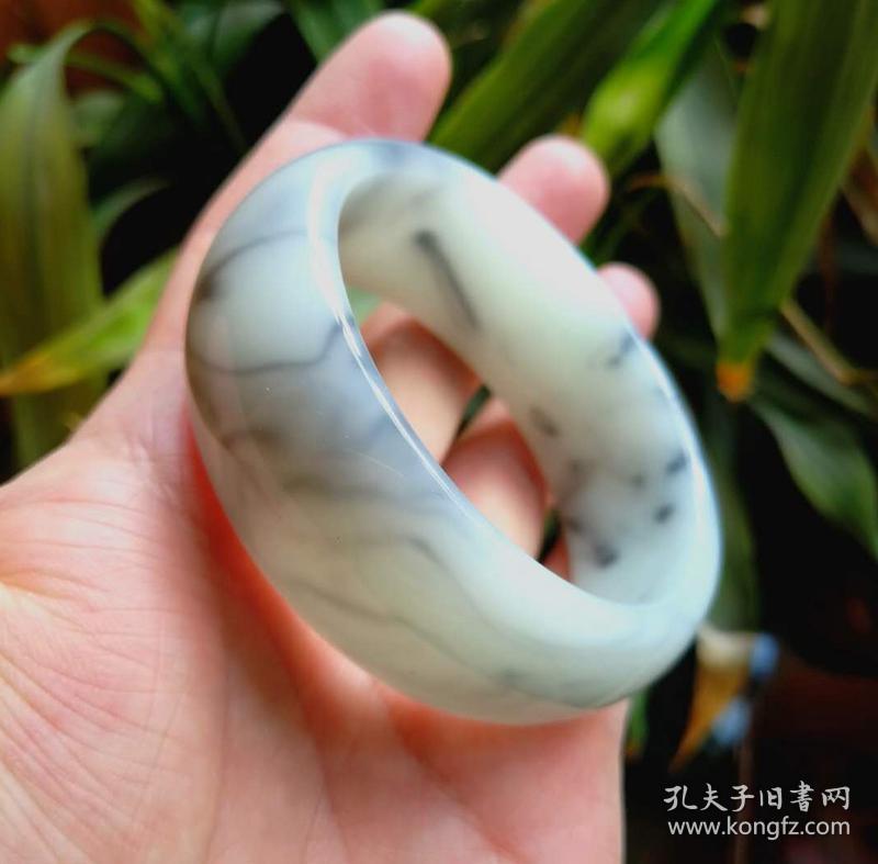 新疆和田玉羊脂白青花手镯金丝玉加宽加厚手镯