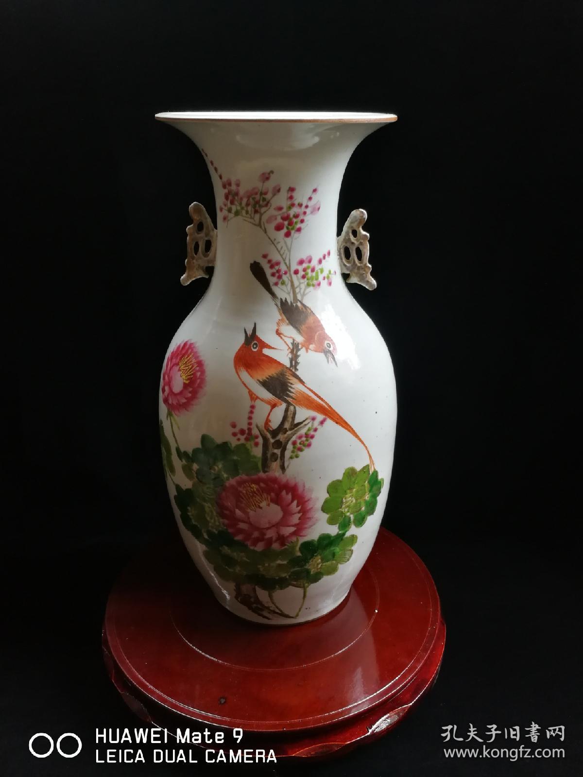 清末民初汪启顺大师粉彩花鸟字画双耳瓶