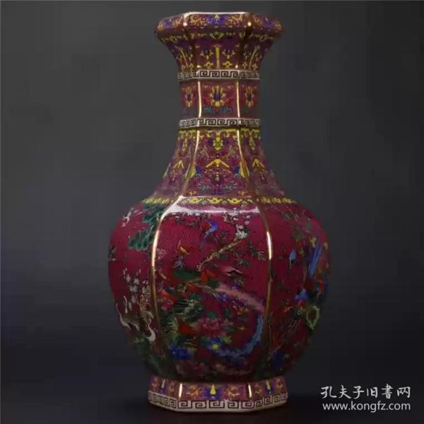 清乾隆红地描金珐琅彩花鸟六方赏瓶