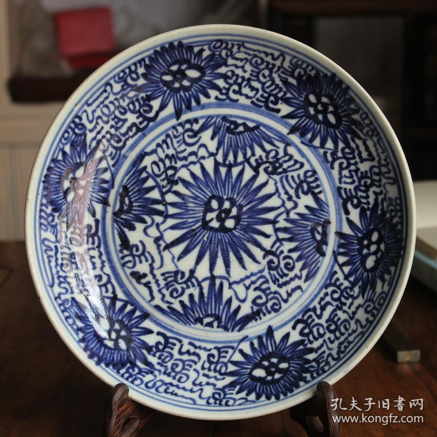 包真清代青花古董老瓷器 清朝青花瓷菊花纹砂底陶瓷盘 民间真品古物包