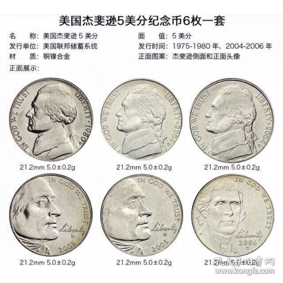 【枚大全套】全新原光 美国5美分硬币 总统杰斐逊外国