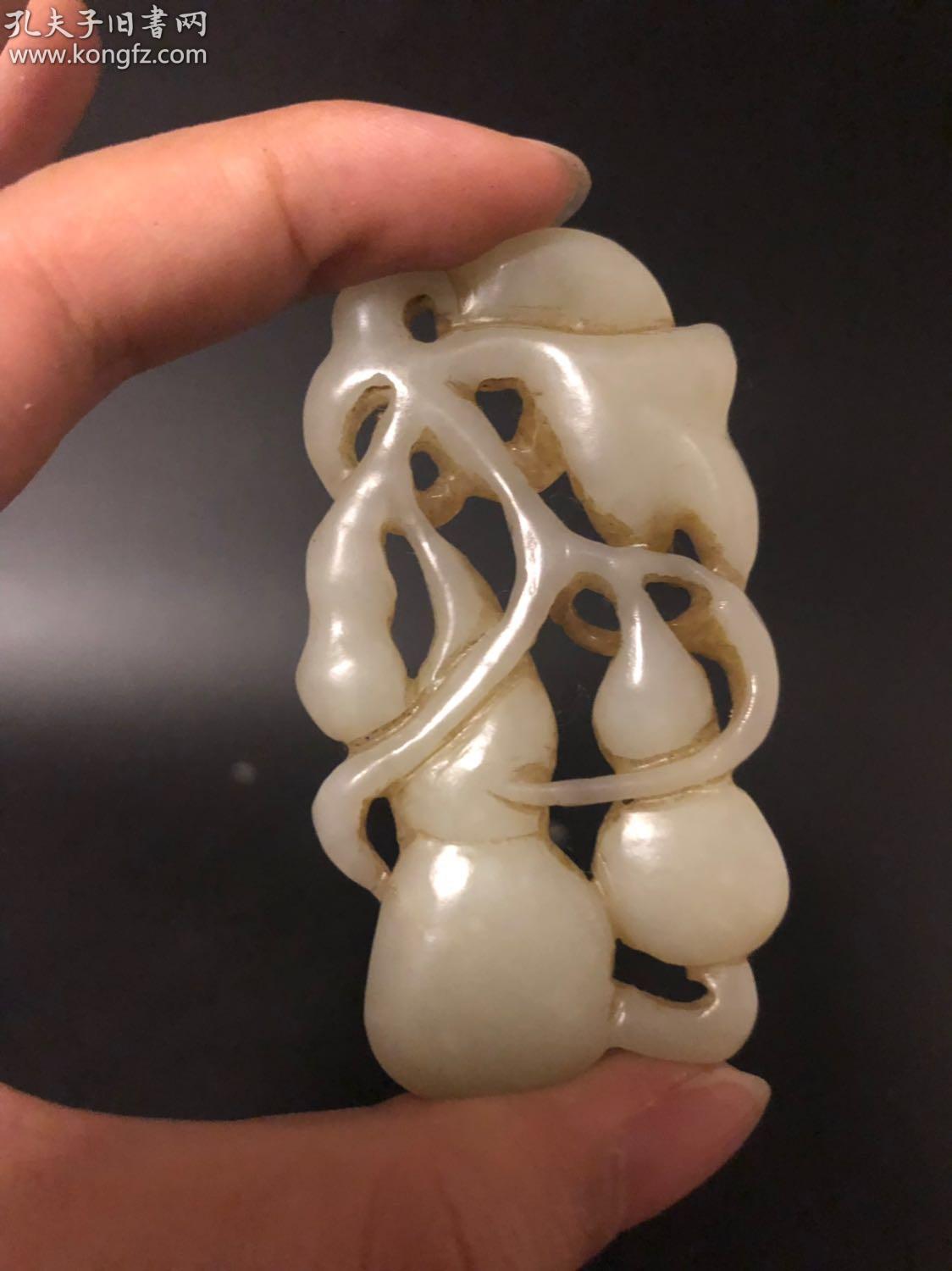 早期珍藏古玉和田玉镂空雕刻福禄挂坠,尺寸7.5cm,玉质温润,包浆厚实