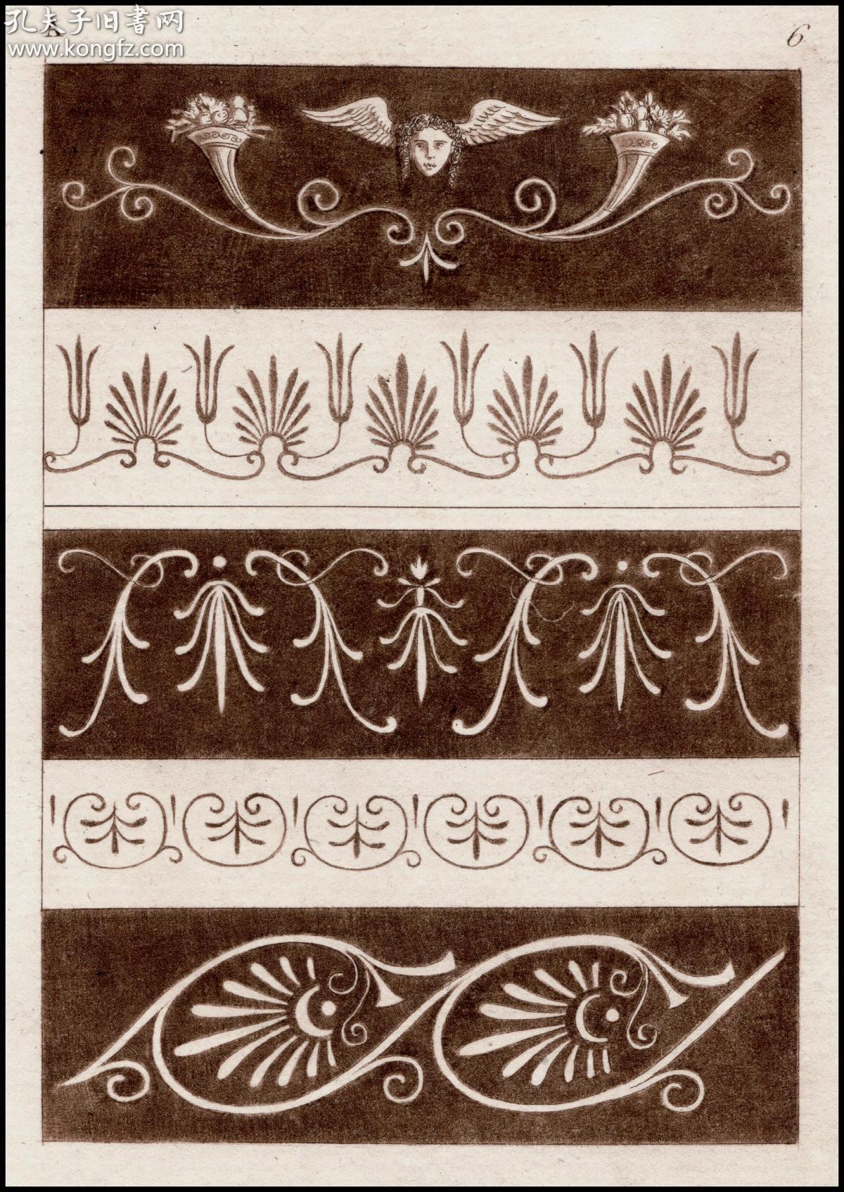 【天然陶土油墨】1800年飞尘法版画《法兰西古代纹样》,25×16cm