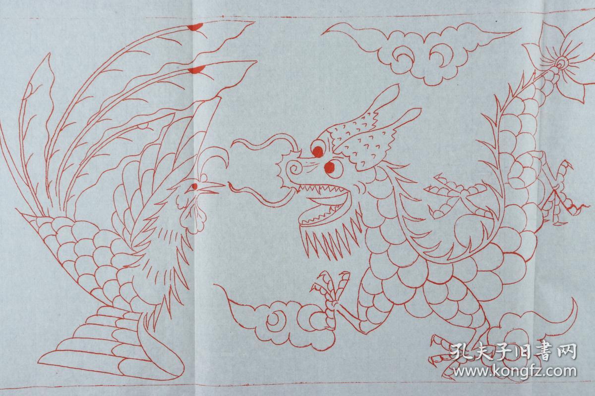天津西门北聚福栈胡同文记脚行楼上刘记 "龙凤呈祥"刺绣画样白描图纸