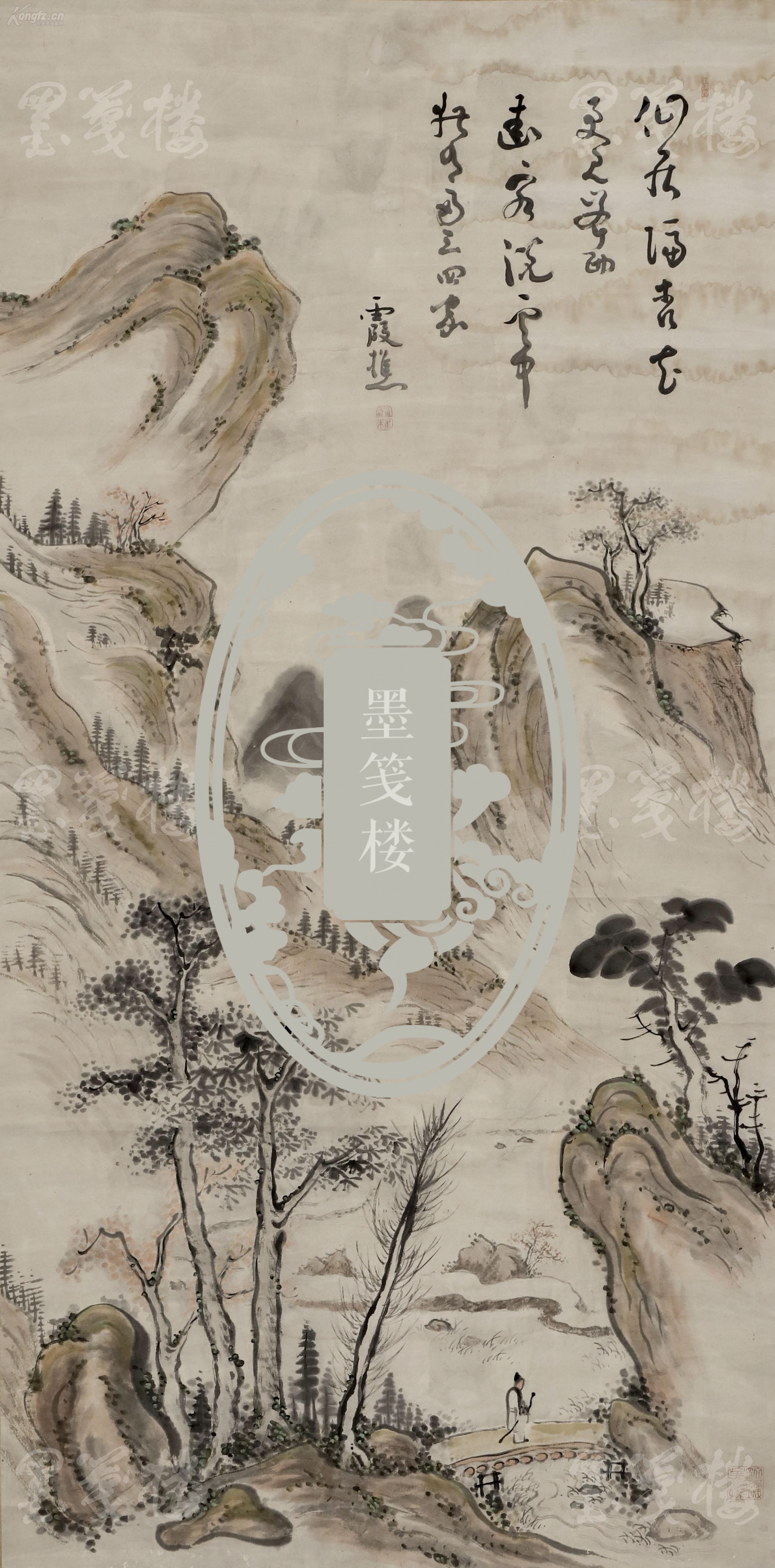 日本江户时代中期著名书画家 池大雅(霞樵) 写意山水画"策杖游山图"一